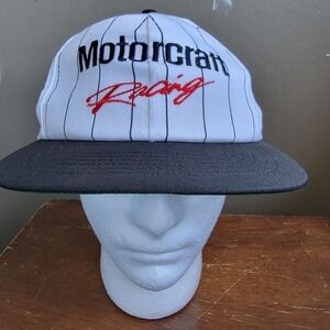 Vintage Motorcraft Racing White Black Pinstriped Snapback Hat Union Made‎ in USA